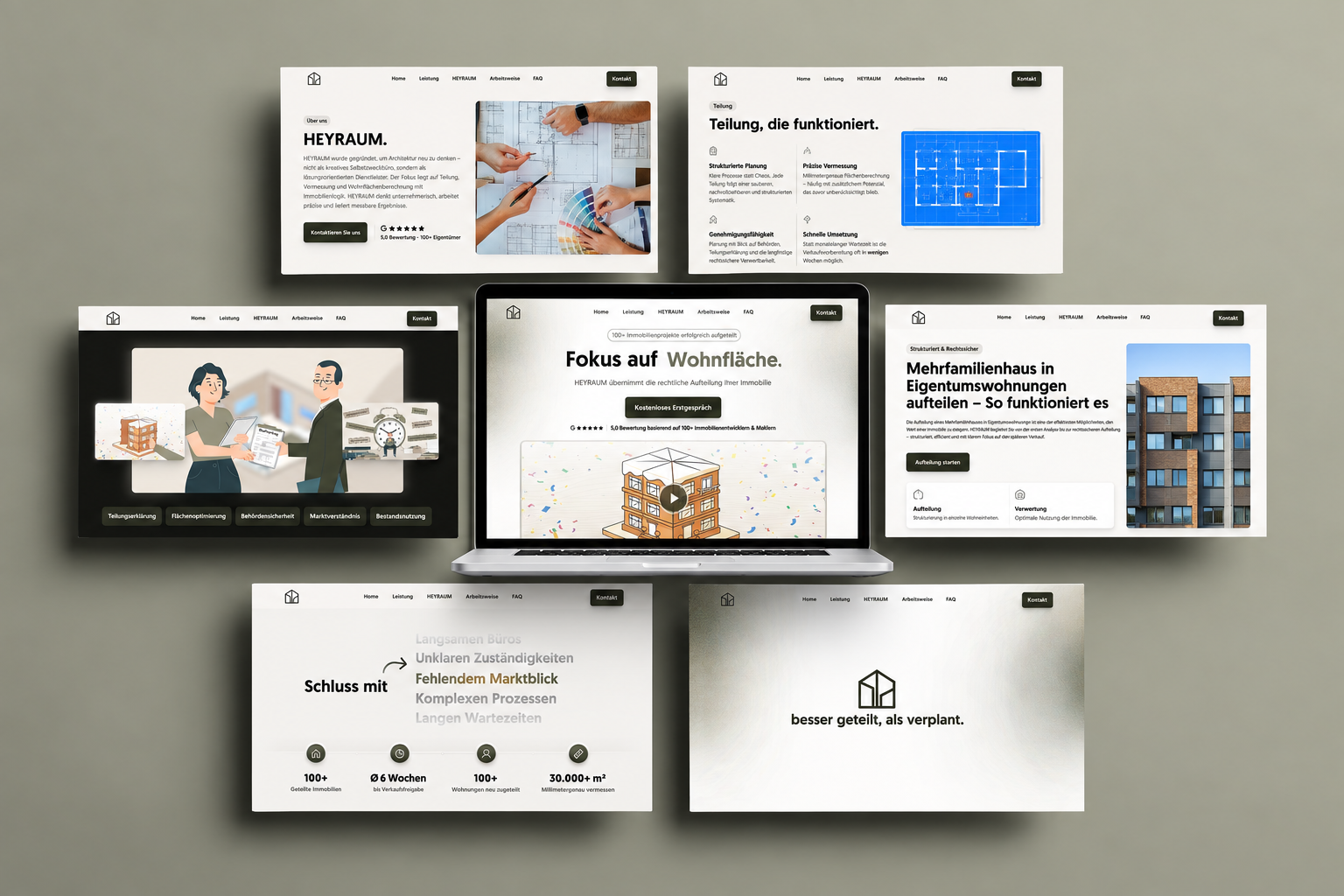 HEYRAUM Website-Mockup — Laptop mit Landingpage und mehreren Sektions-Screens auf grünem Hintergrund